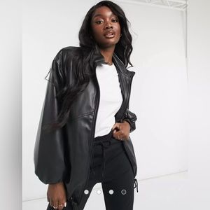 Tall leather look bomber jacket in black Size 10